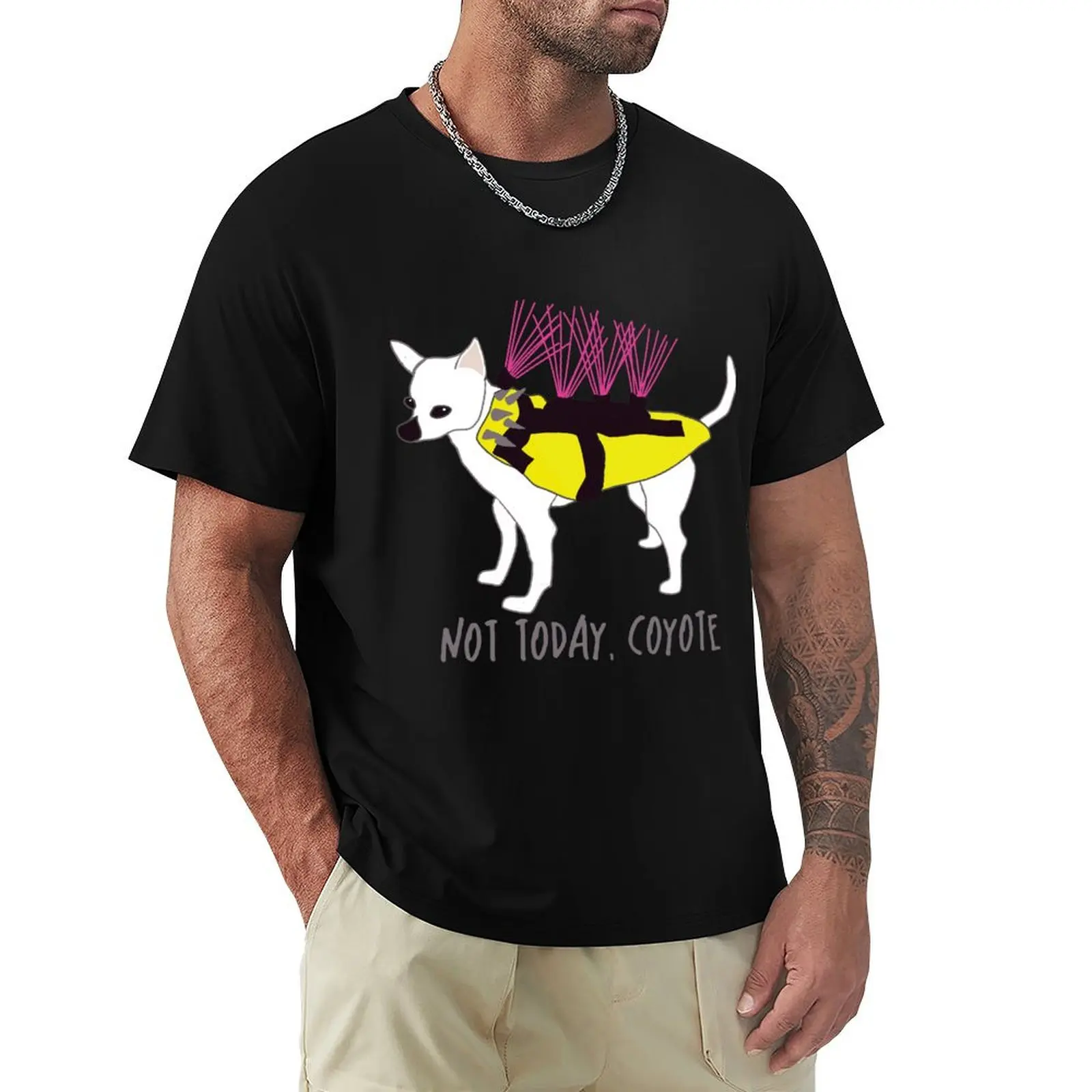 Фото Not Today, Coyote - Tough Little Chihuahua в куртке с шипами, футболка для мальчиков, белая быстросохнущая хлопковая футболка для мужчин №3