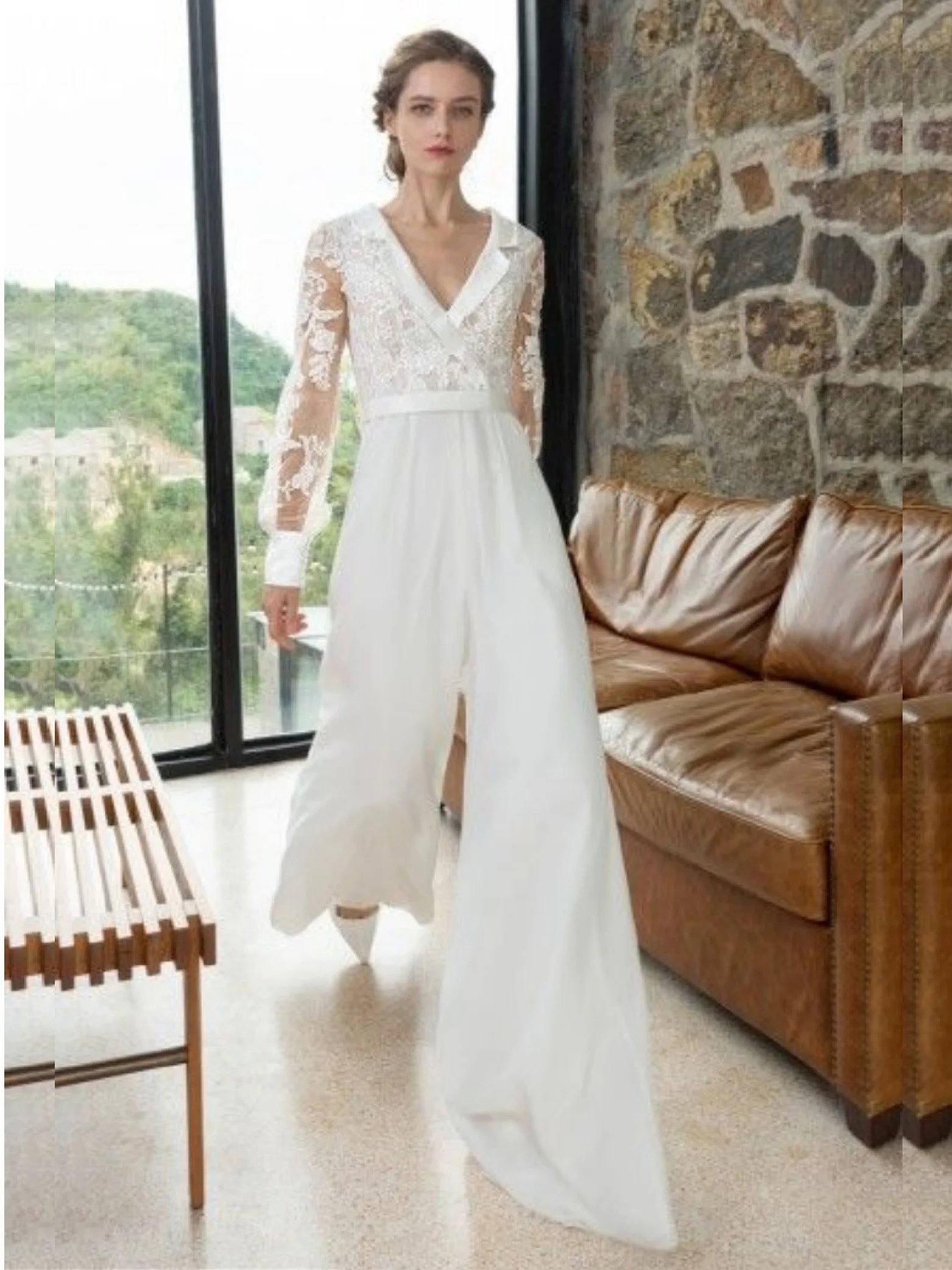 White Lace Jumpsuits for Women Long Sleeve V Neck Hollow Out Prom Gown with Belt Elegant Formal Evening Party Wide Leg Trousers