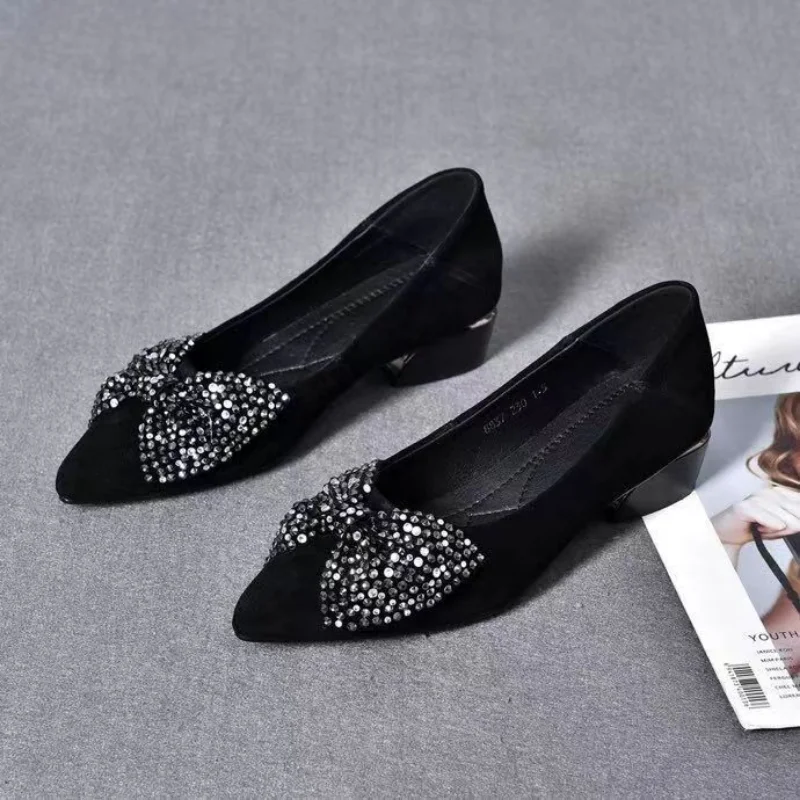 

Black Shoes for Women 2023 New Vintage Bling Bow Tie Chunky Heel Slip on Women‘s Heeled Shoes Dress Office Laides Casual Pumps