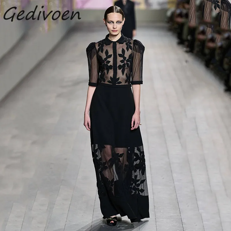 

Женское модельное винтажное платье Gedivoen, длинное Сетчатое Прозрачное платье с отложным воротником, пуговицами и высокой талией, лето