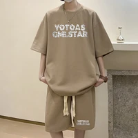 waffle casual suit mens summer new loose port style half sleeve t shirt sports capris two piece suit