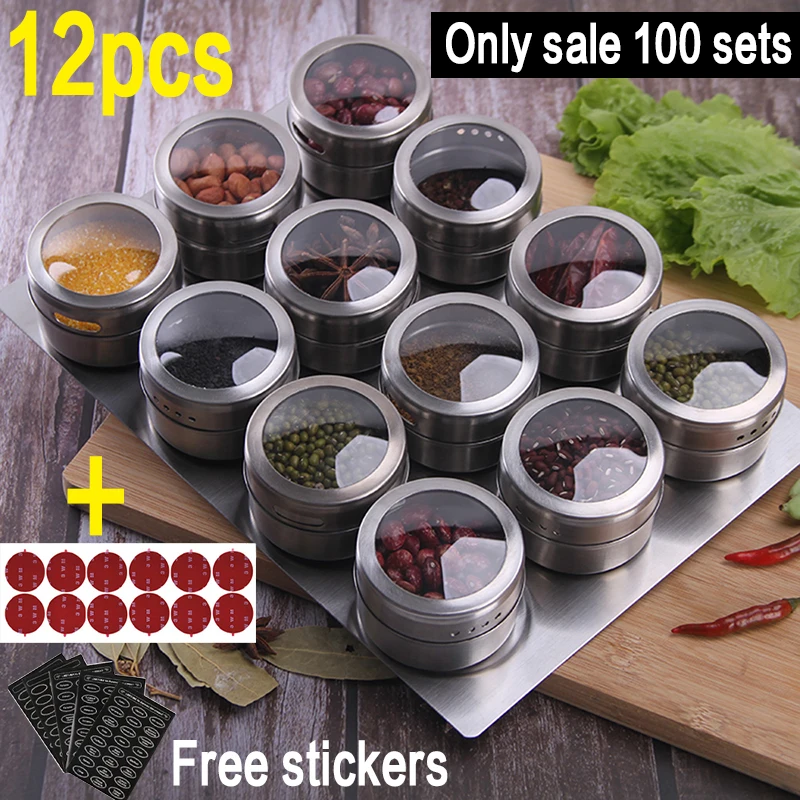 Magnetic Spice Jars With Wall Mounted Rack Stainless Steel Spice Tins Spice Seasoning Containers With Spice Label Food Storage