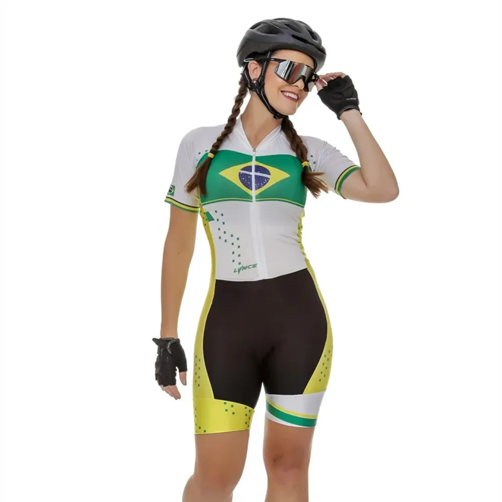 

Macaquinho Brasil Prata Feminino Cycling Monkey ciclismo Lynce manga curta Summer Triathlon Bicycle Jersey MTB Skinsuit jumpsuit