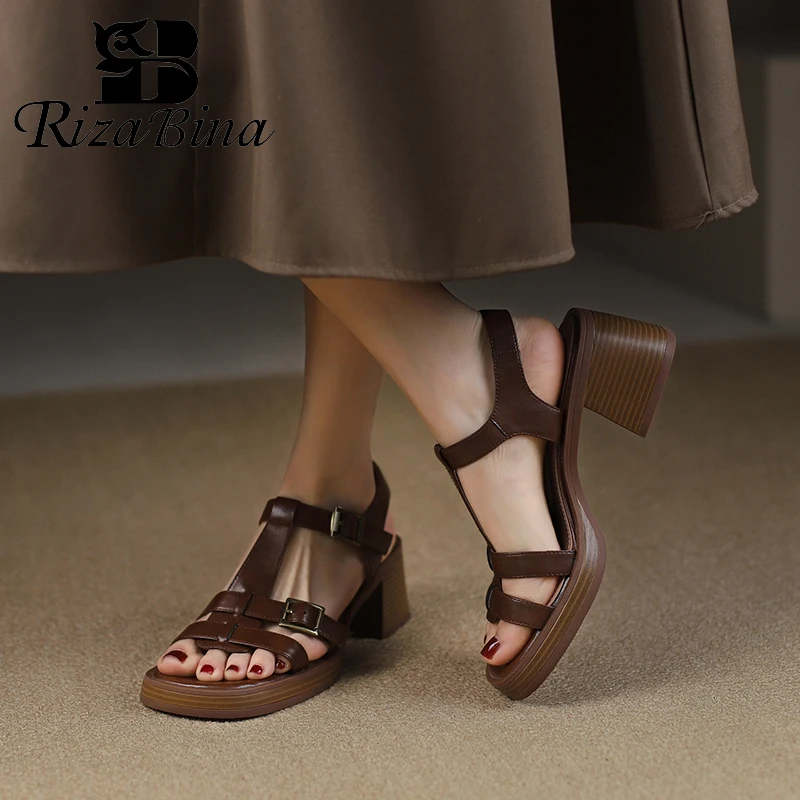 

RIZABINA Genuine Cow Leather Sandals Block Mid Heels Women Roma Sandals Square Toe Retro Buckle Sandals T Strap 2023 Trend