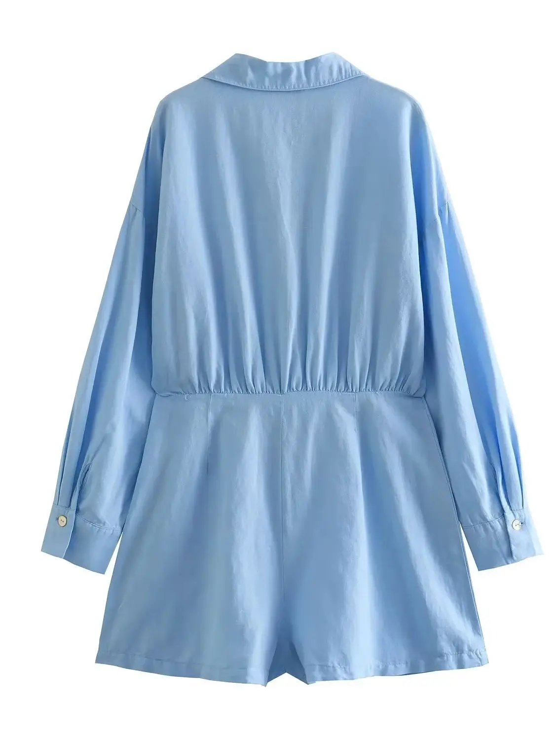 Summer Women's Blue Lapel V-neck Long Sleeve Pleated Design Linen Blend Shirt Style One-piece Skirt Suit Casual Style