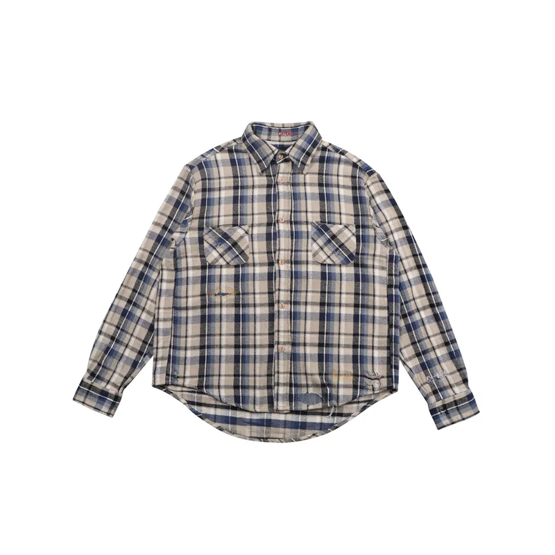 High Quality Oversized Kenijima Fashion Shirts Men 1:1 Destroy Plaid Shirt Flannel VUJADE Pocket Women Blouse