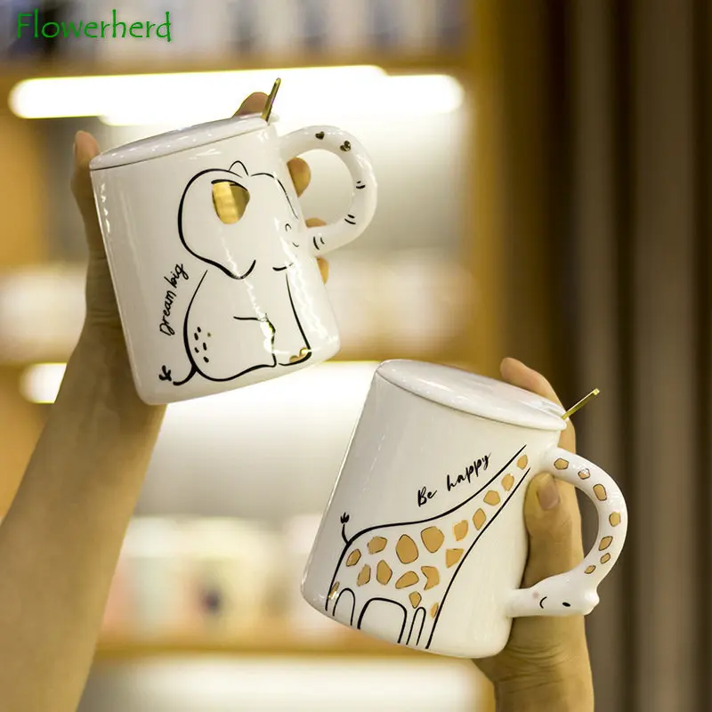 

African Animal Ceramic Mug with Lid Spoon Elephant Giraffe Cartoon Personality Coffee Tea Cup Mugs Coffee Cups Drinkware
