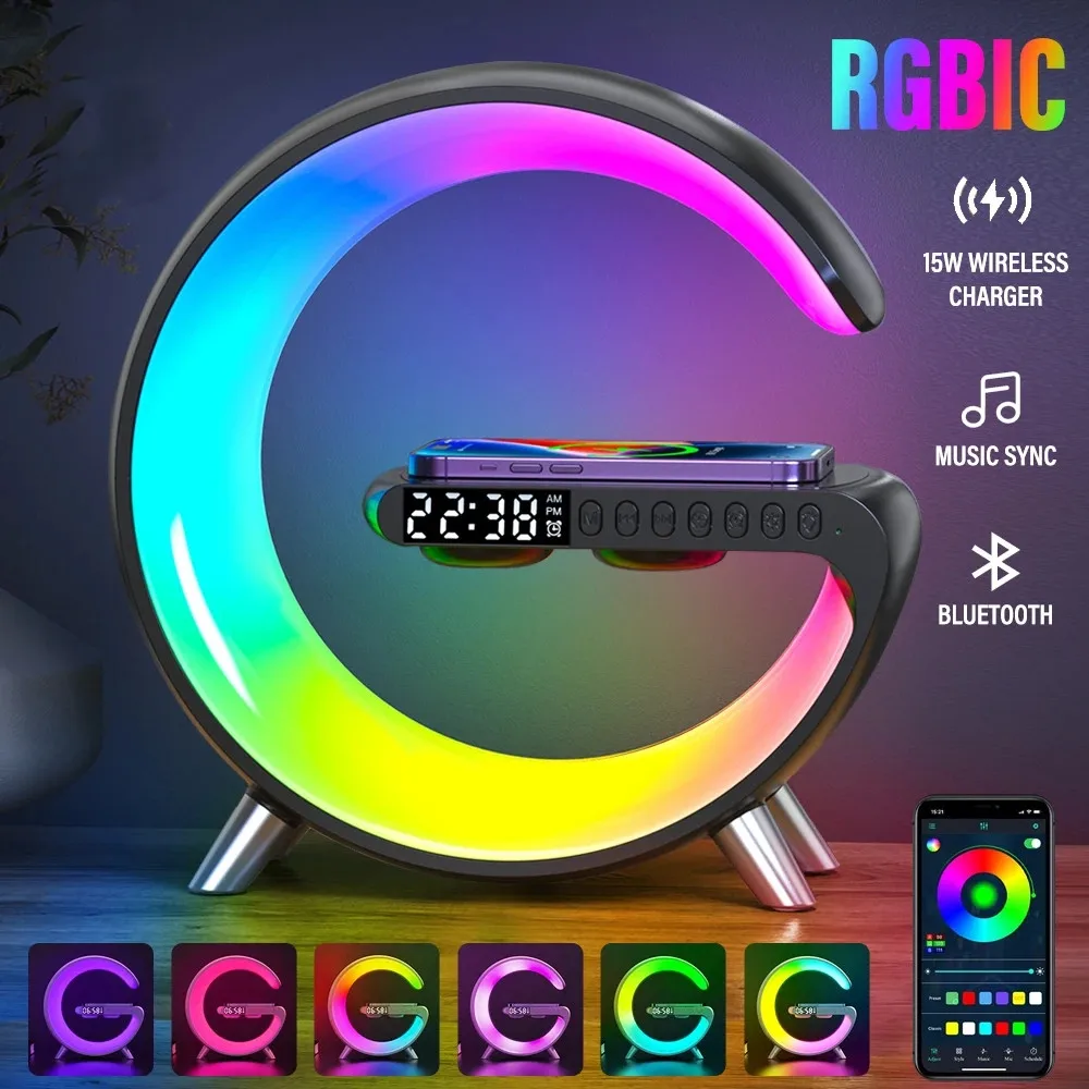 Smart LED Night Light RGB Atmosphere 15W Wireless Charger Alarm Clock Speaker APP Control Sleep Table Lamp For Home Room Decor