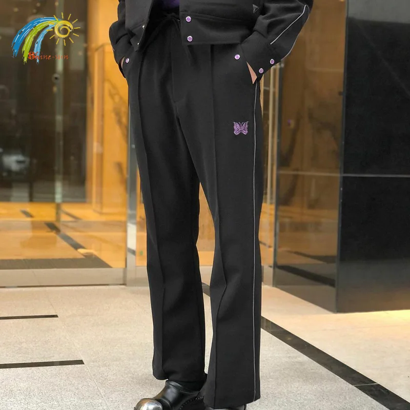 

Streetwear Classic Purple Stripe Butterfly Embroidery AWGE NEEDLES Sweatpants Men Women Needles Casual Pants Drawstring Trousers