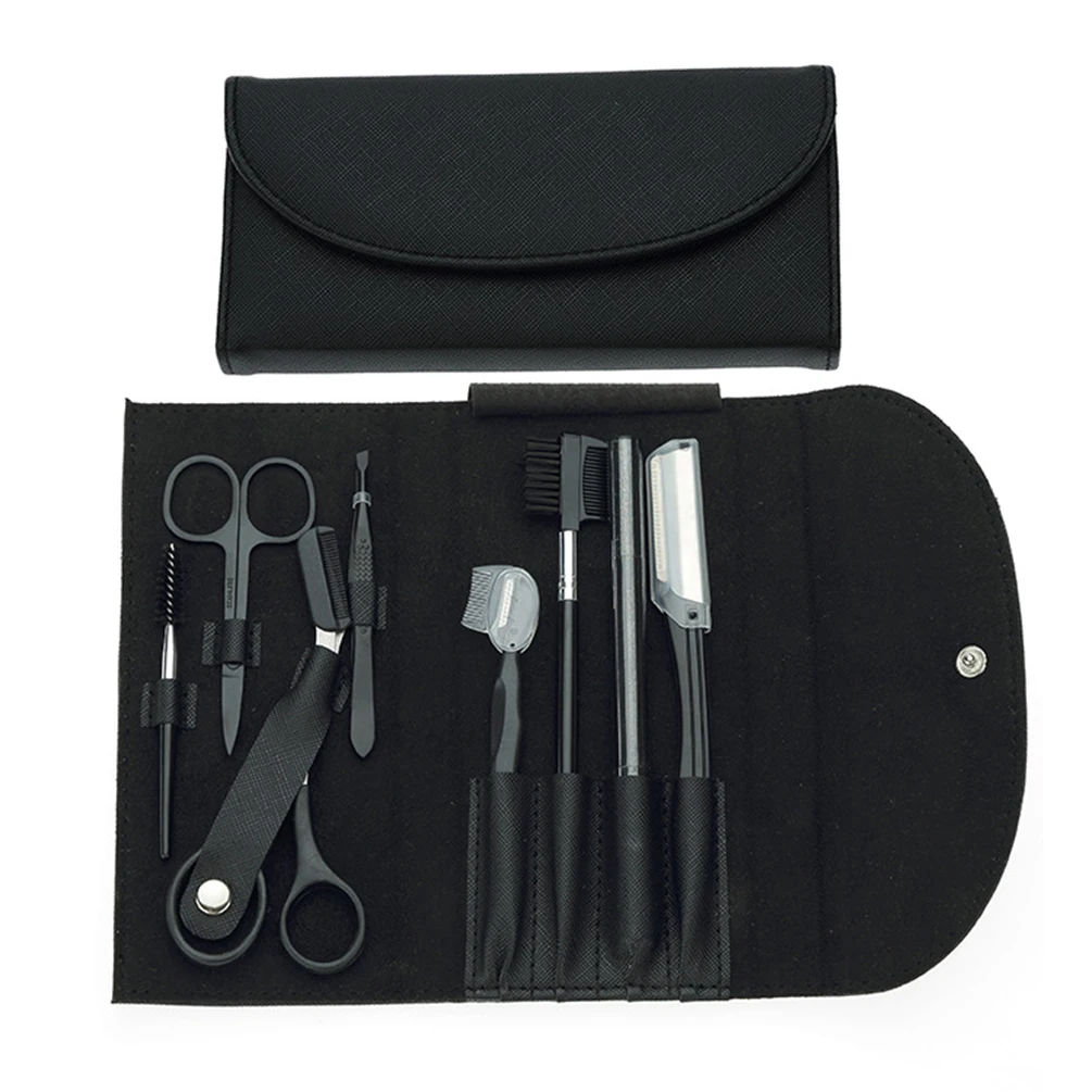 

Three-Color Optional 8 Pcs/set Eyebrow Trimming Kit Private Label Shaver Eye Brow Scissors Tweezers Brush with Storage Bag