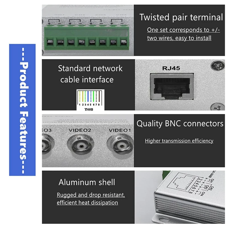 8-канальный UTP 720P/1080P HD пассивный видеопередатчик BNC к Cat5/5E/6 RJ45 (T568B) кабельный
