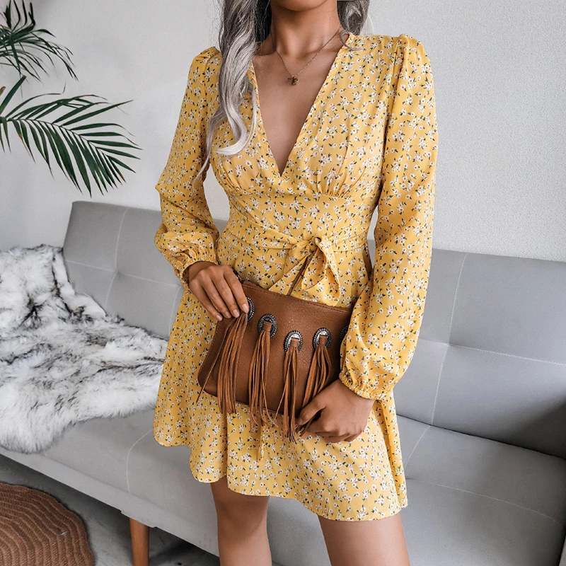 

New Fashion V-Neck Sexy Dress Female Long Sleeve Short Vestido Spring Elegant Dresses For Women Floral Print Mini Dress Vestidos