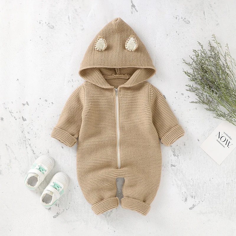 

Baby Rompers Winter Solid Hooed Long Sleeves Knitted Newborn Boys Girls Jumpsuits Playsuits Autumn Outwear Infant Unisex Outfits