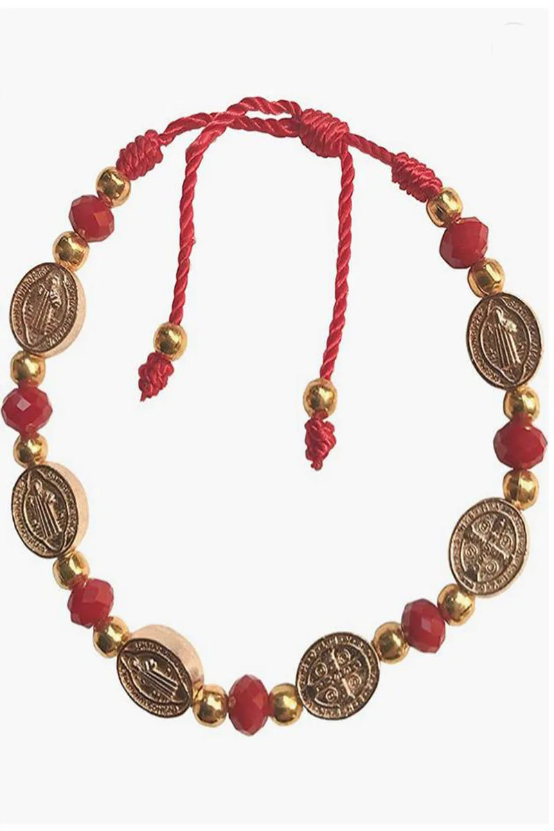 

St Jude Red Beaded Gold Adjustable Bracelet Protection Prosperity Good Luck Bracelet