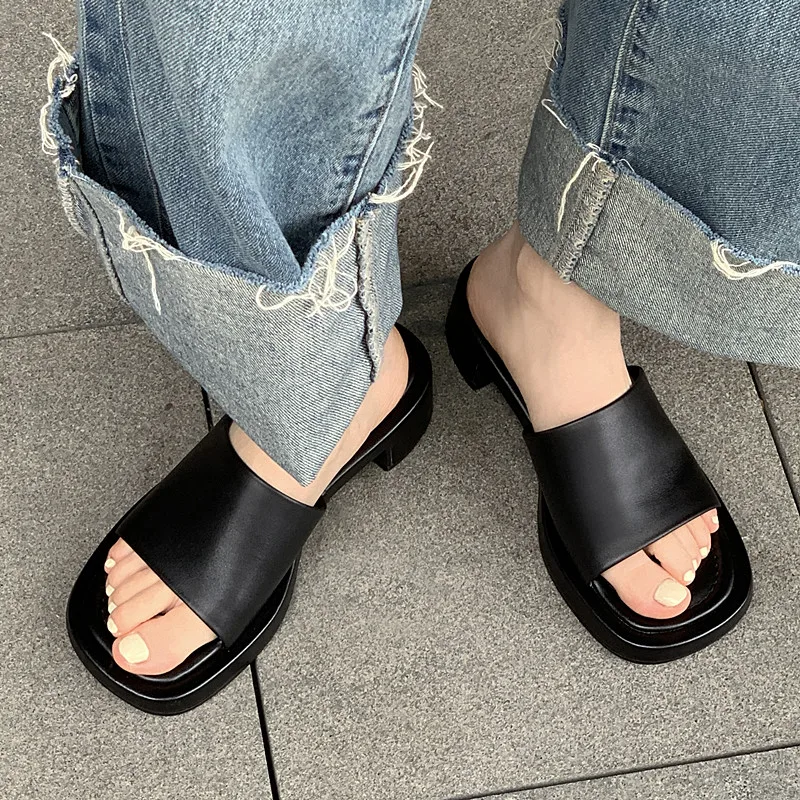 

Summer Casual Slippers 5cm Med Heels Cowhide Open Toe Fashion Slides Lazier Sandals Daily Outwear Beach Shoes For Women