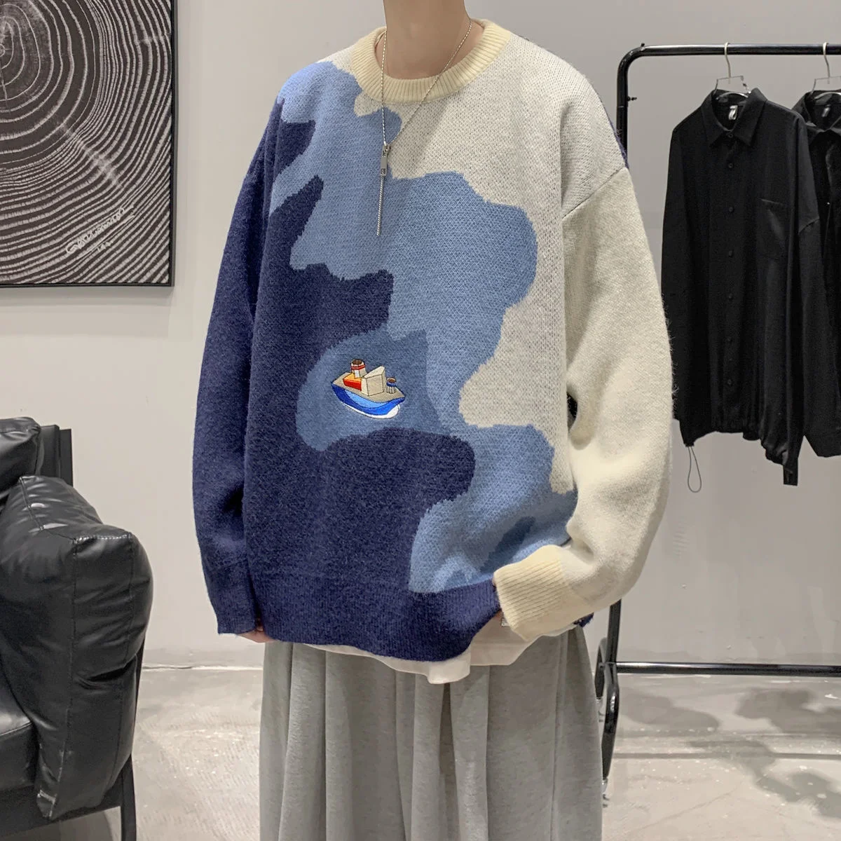 

Мужской свитер с градиентом и круглым вырезом, Свободный Повседневный трикотажный пуловер в Корейском стиле, осень 2022