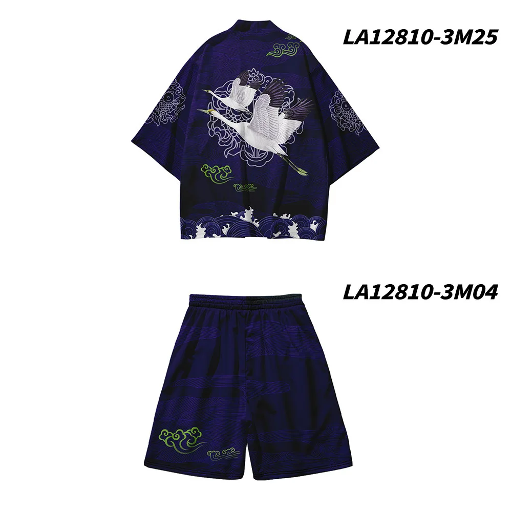 3XL-6XL Men Robe Sets 2PCS Rayon Cardigan&Shorts Pajamas Suit 3/4 Sleeve Bathrobe Casual Loose Chinese Crane Homewear