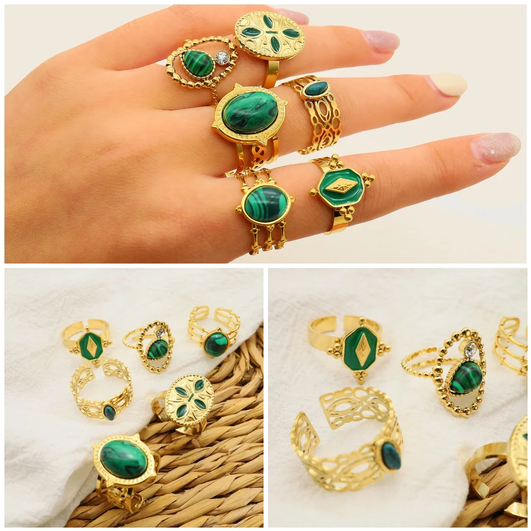 

Retro Atmospheric Trend Emerald Ring Stainless Steel Adjustable Opening Natural Stone Boho Rings Wholesale