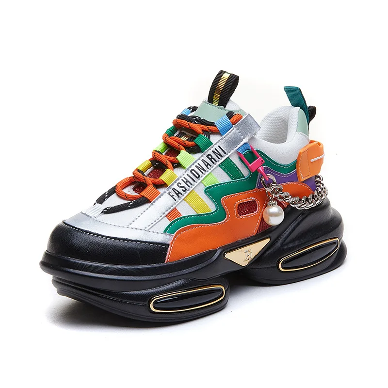 

Natural Leather Platform Increase Women's Sneakers Spring And Autumn Chunky Daddy Shoes Female Fashion Chain Ladies Casual Shoes