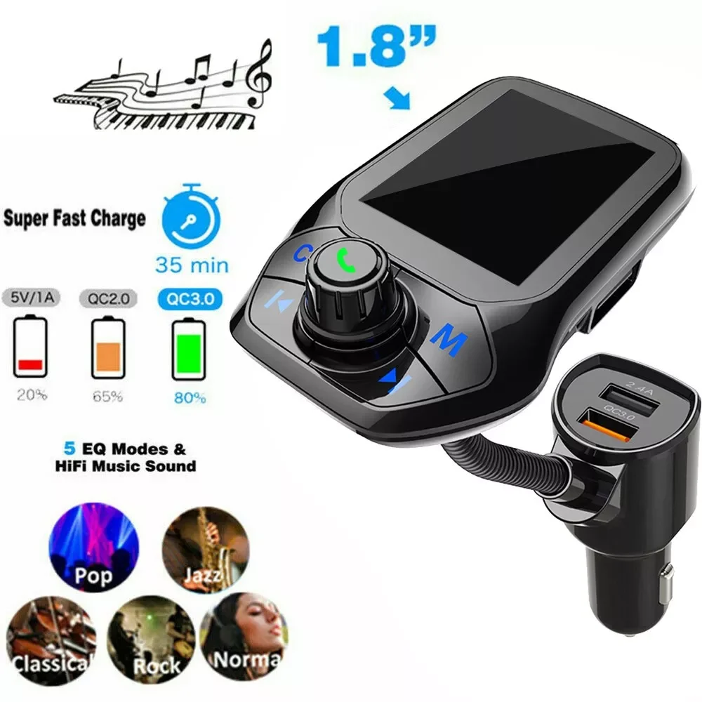 

Bluetooth FM Transmitter Station Radio Transmitter Adapter 1.8" Color Screen QC 3.0 EQ Modes Hands-Free Calls Fast Charger