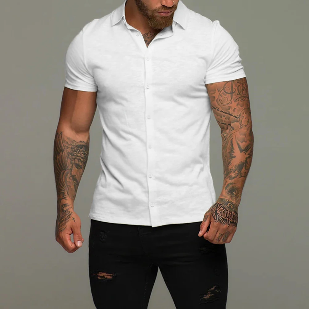 Summer Men's Muscle Slim Business Work Shirt Casual Handsome Turndown Collar Short Sleeve Shirts Men Soild Dress Shirt Tops
