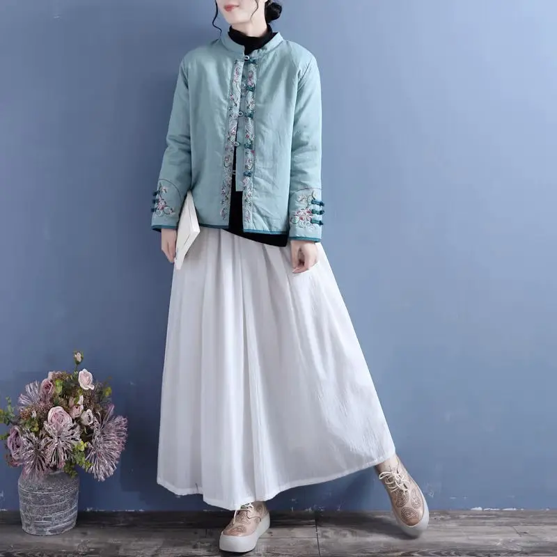 Winter Jacket Women Cotton Clothing Women's Retro Cotton and Linen Embroidered Disc Buckle Stand Collar Chinese Thermal Coat
