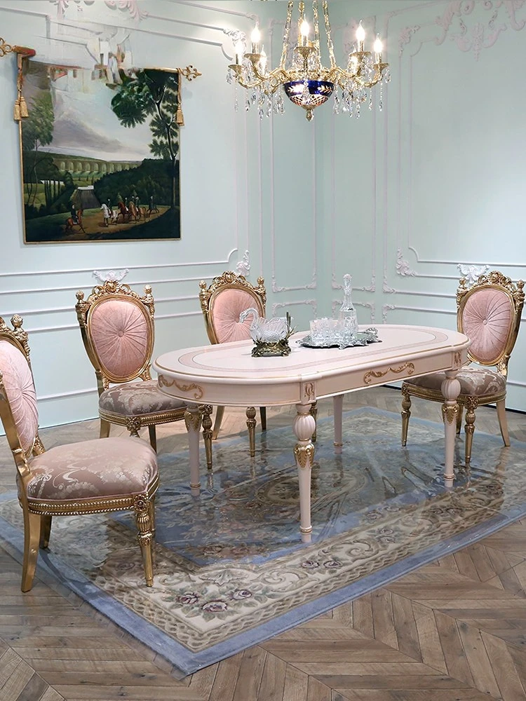 

Обеденный стол из массива дерева в Европейском стиле, длинный обеденный стол для гостиной, обеденный стол из бука, розовый, фиолетовый, овальный стол 2,08 м и Набор стульев