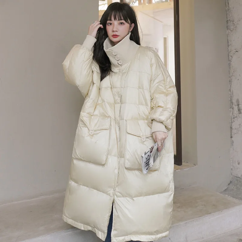 Women's Winter White Duck Cotton Long Korean Style Warm Jacket Fashion Loose Thickened High-quality Coat Casual Design Clothing