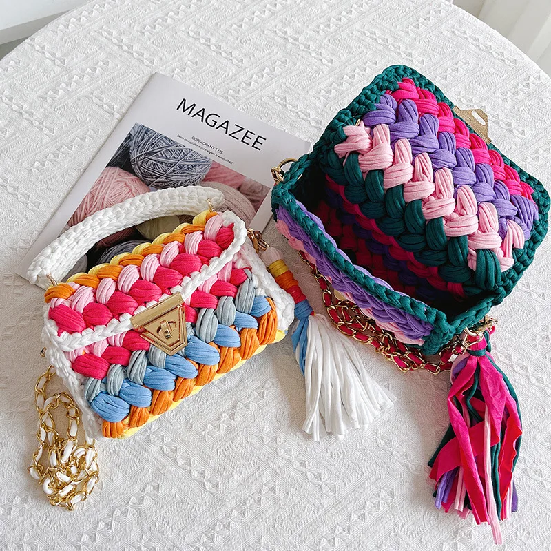 Fashion Crochet Bag Knitting Bags for Women 2023 Woolen Yarn Handmade Woven Handbags with Chain Ladies Solid Color Square Bags