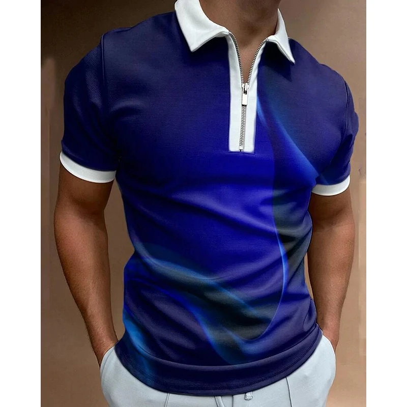 

2023 nova camisa masculina de lapela impressão moda polo oversized solto venda quente zip de manga curta camisa masculina casual