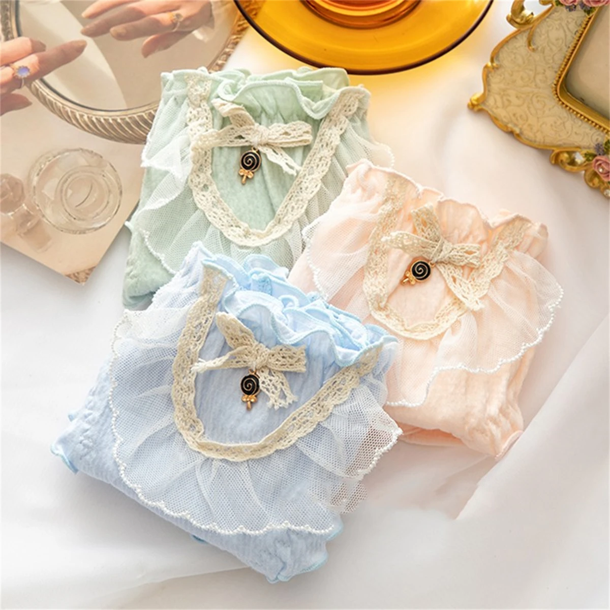 

French Sweet Princess Style Lolita Solid Color Girls Panties Folds Ruffle Lace Bowknot Lollipops Grid Cute Women Briefs