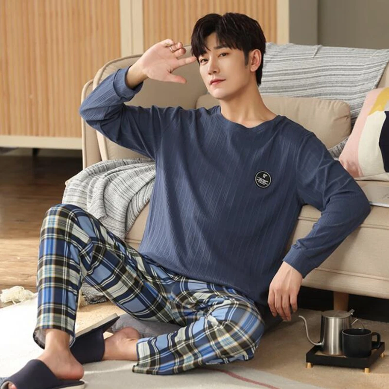 Men's Autumn Winter Cotton Pajamas Suit Letter Striped Sleepwear Casual Sleep&Lounge Pyjamas Pijama Home Clothes