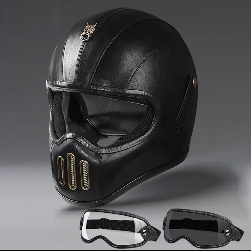 

Двойные козырьки, мотоциклетный винтажный коричневый кожаный шлем для мужчин и женщин, полный шлем из стекловолокна, мотоциклетный защитный шлем Halley