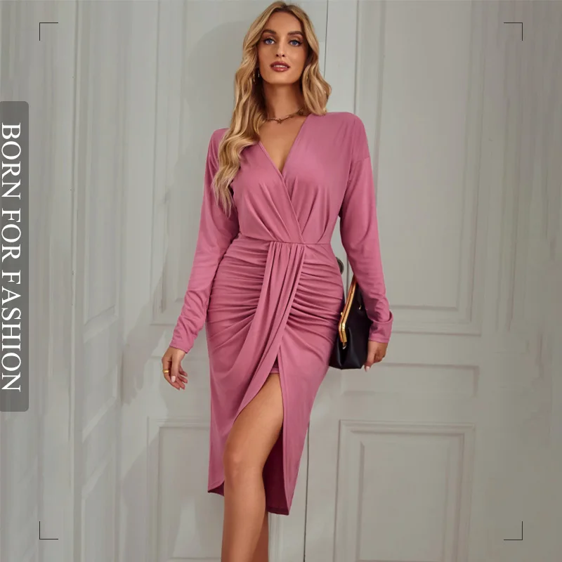 Office Ladies Elegant Sexy V-Neck Pleated High Waist Slit Pencil Dress Women Knitting Long Party Dresses Evening Dress Robe 2023