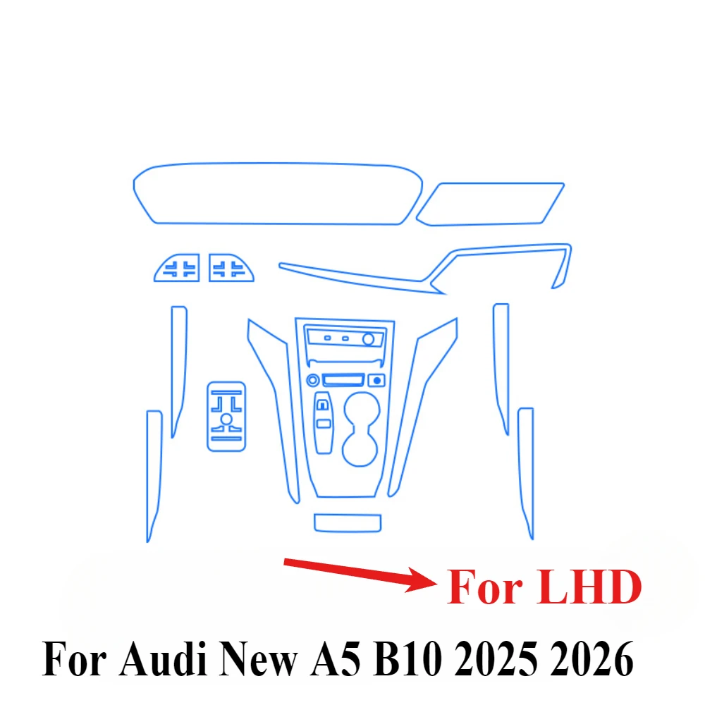 Фото Защитная пленка OUY из прозрачного ТПУ для интерьера автомобиля Audi A5 B10 2025-2026: панель переключения передач, GPS-навигация, центральная консоль (PPF) №2