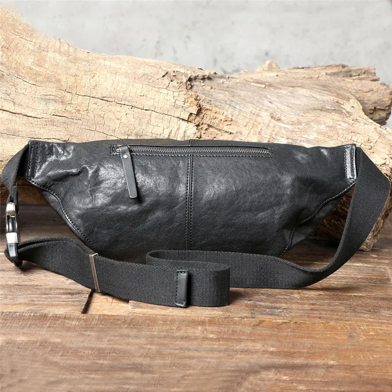 Fashion casual genuine leather men's black chest bag simple versatile natural soft real cowhide multifunctional waist pack Teens