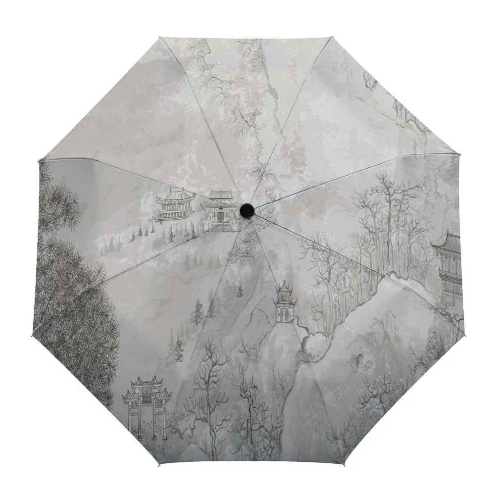 

Chinese Style Ancient House Flowers Trees Custom Automatic Umbrellas for Women Male Windproof Folding Rain Umbrella Parasol