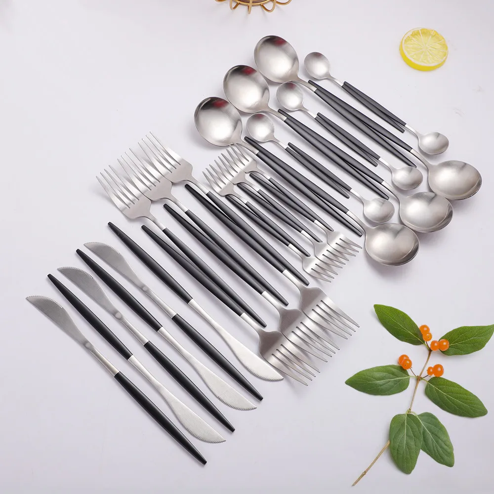 

30Pcs Black Silver Stainless Steel Cutlery Set Knife Fork Spoon Dinnerware Set Teaspoon Dinner Tableware Kitchen Silverware