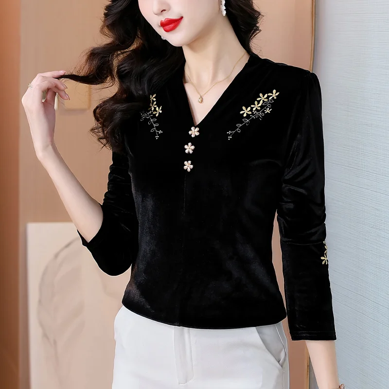 Осень/зима черная толстая бархатная рубашка женская блузка элегантный топ с