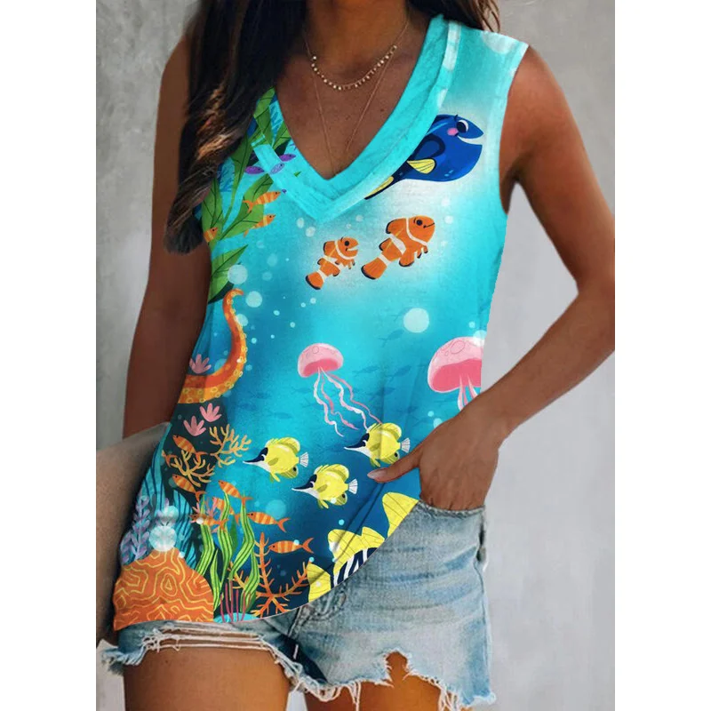 

Повседневная пляжная свободная футболка без рукавов, летний топ с V-образным вырезом, милая жилетка с цифровым принтом, женская одежда, блузы для женщин 25709