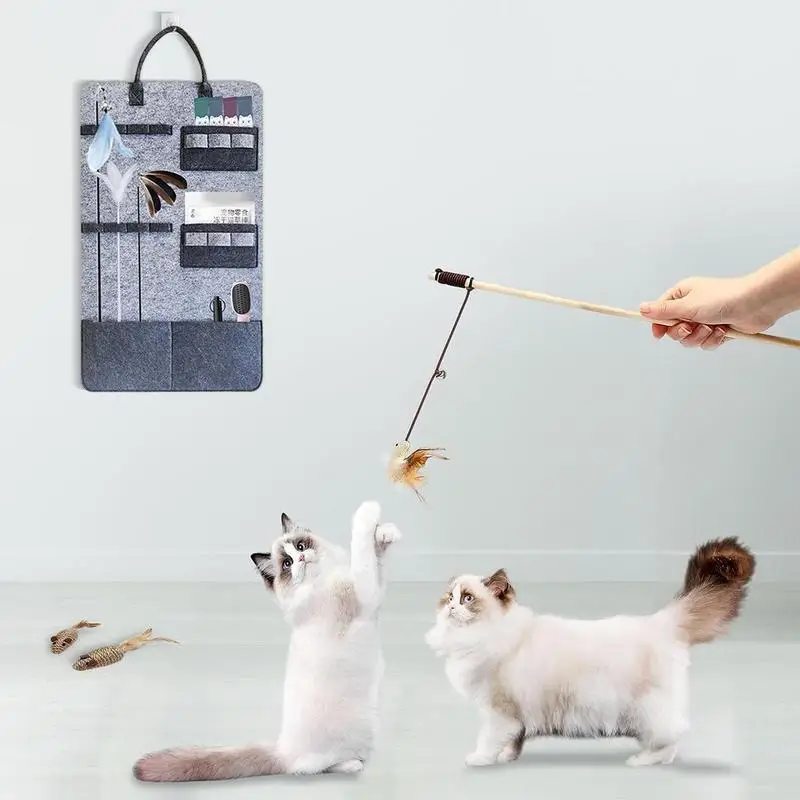 

Cat Teaser Wand Holder Cat Wand Toy Storage Hang-On Bag Space-Saving For Neatly Cat Feather Toys Holder With Adhesive Hooks