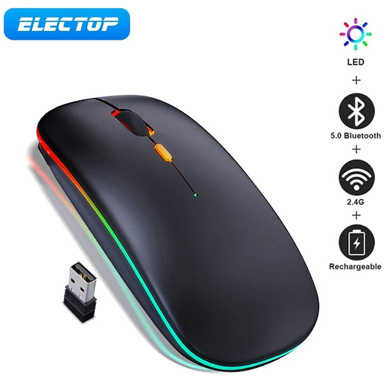 

ELECTOP Wireless Mouse Bluetooth 2.4G Dual Mode PC Gamer Rechargeable with LED Mute Mouse for Laptop iPad Mac Gaming Mouse