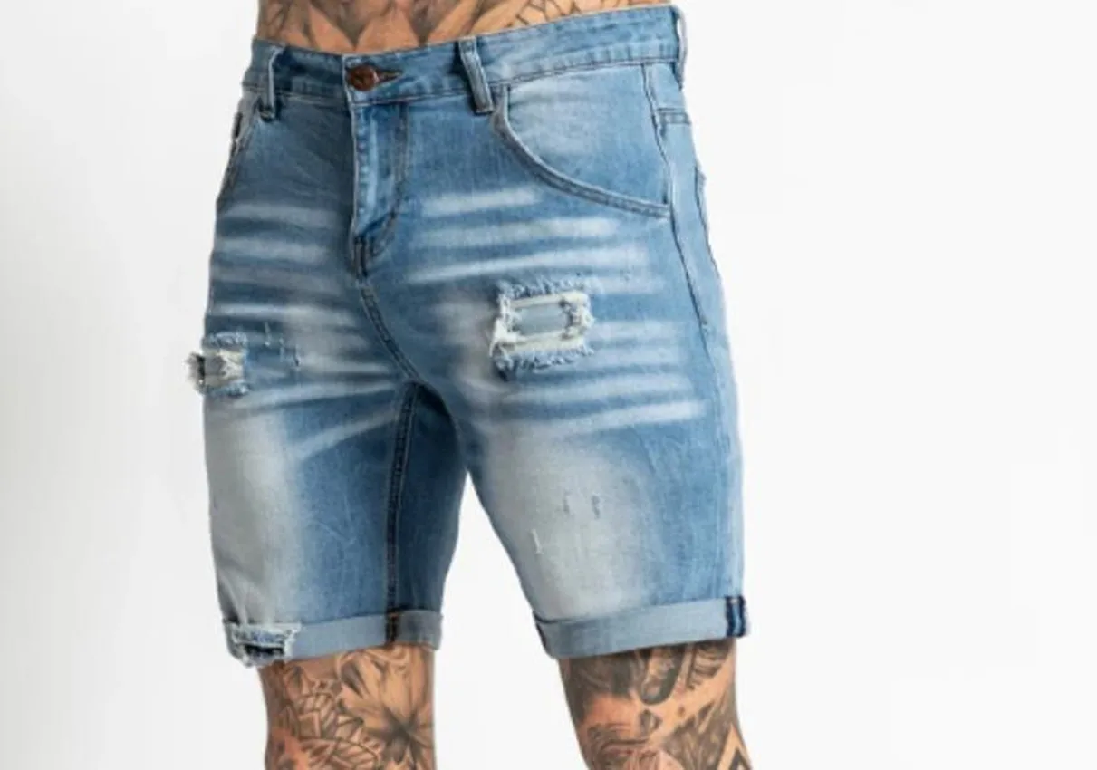 Hole Ripped Slim Short Jeans Men High Waist Solid Color Denim Shorts Retro Blue Washed Street Knee-length Male Pants
