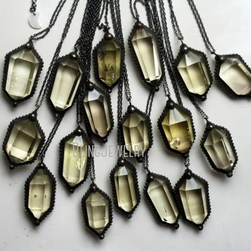 Collar de cristal de citrino NM40650 de doble terminación, 10 piezas, de cuarzo de piedras preciosas de doble punta con cadena de color negro