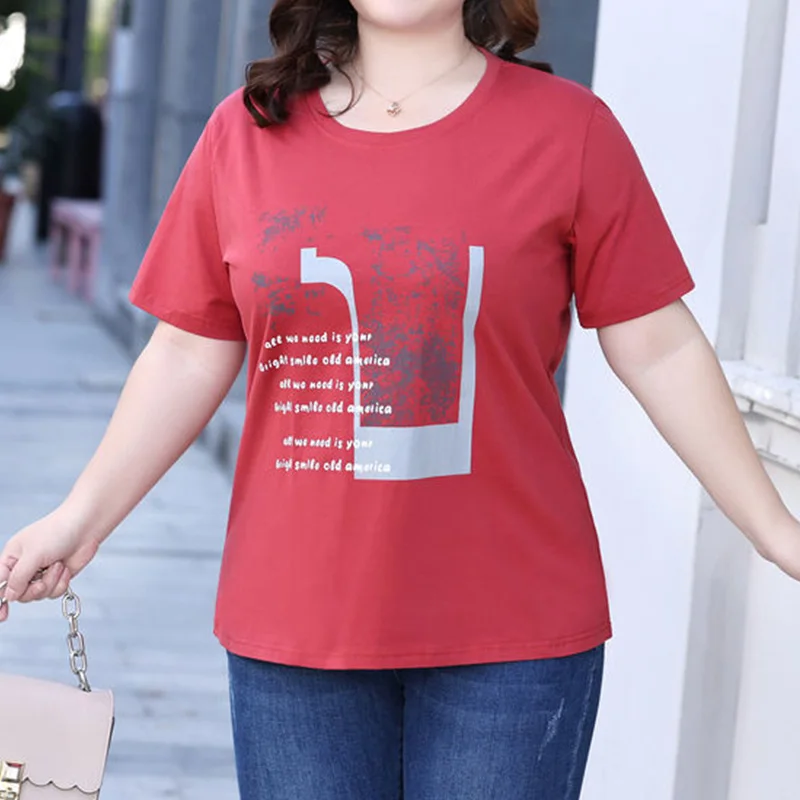 Plus Size Clothes Fashion Round Neck Printing Short Sleeve Tops Summer Casual Letter Loose Pullover Basic Red Women's T-Shirt