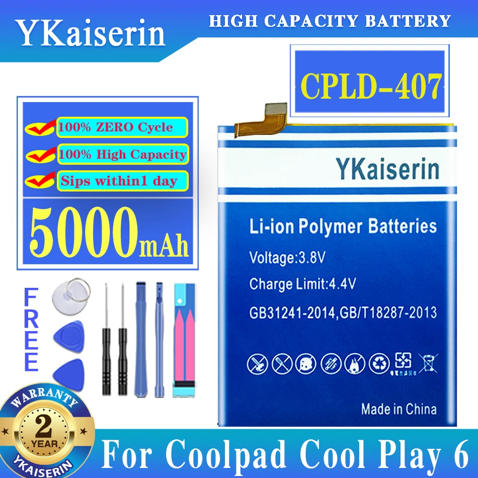 

YKaiserin CPLD-407 Battery for Coolpad Cool 1 Play 6 Cool1 Play6 COR-I0 VCR-A0 Rechargeable Lithium Batteries 5000mAh