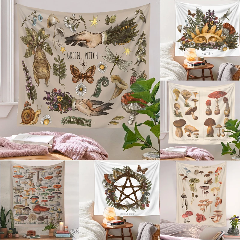 

Butterfly Mushroom Illustration Chart Tapestry Flower Bohemian Hippie Witchcraft Divination Living Room Bedroom Home Decor