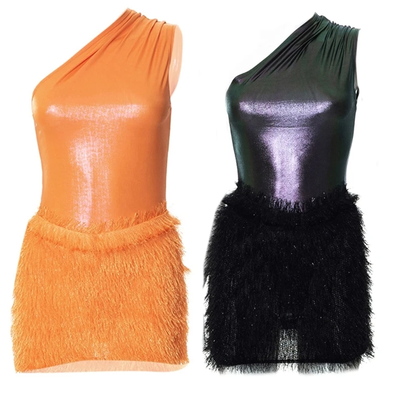 

Women Sexy Ruched One Shoulder Sleeveless Mini Bodycon Dress Shiny Metallic Top Fringe Tassel Package Hip Pencil Dresses
