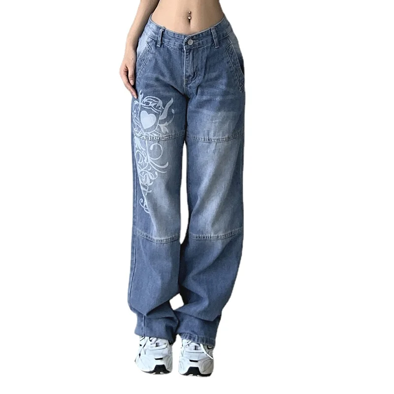 Harajuku printed Cargo Jeans Y2K Dark Blue brown High Waist Streetwear 90S Baggy Jeans Women Pants Straight wide leg jeans