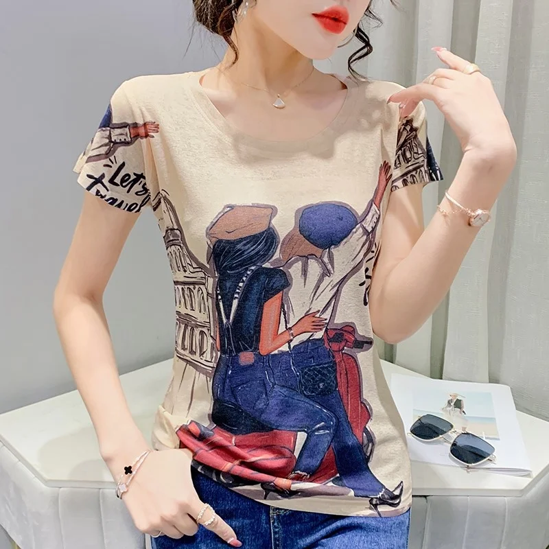

#5197 Summer Printed T Shirt Women Short Sleeve Slim Basic T Shirt Femme O-neck Thin Elastic Womens Tshirt Korean Style